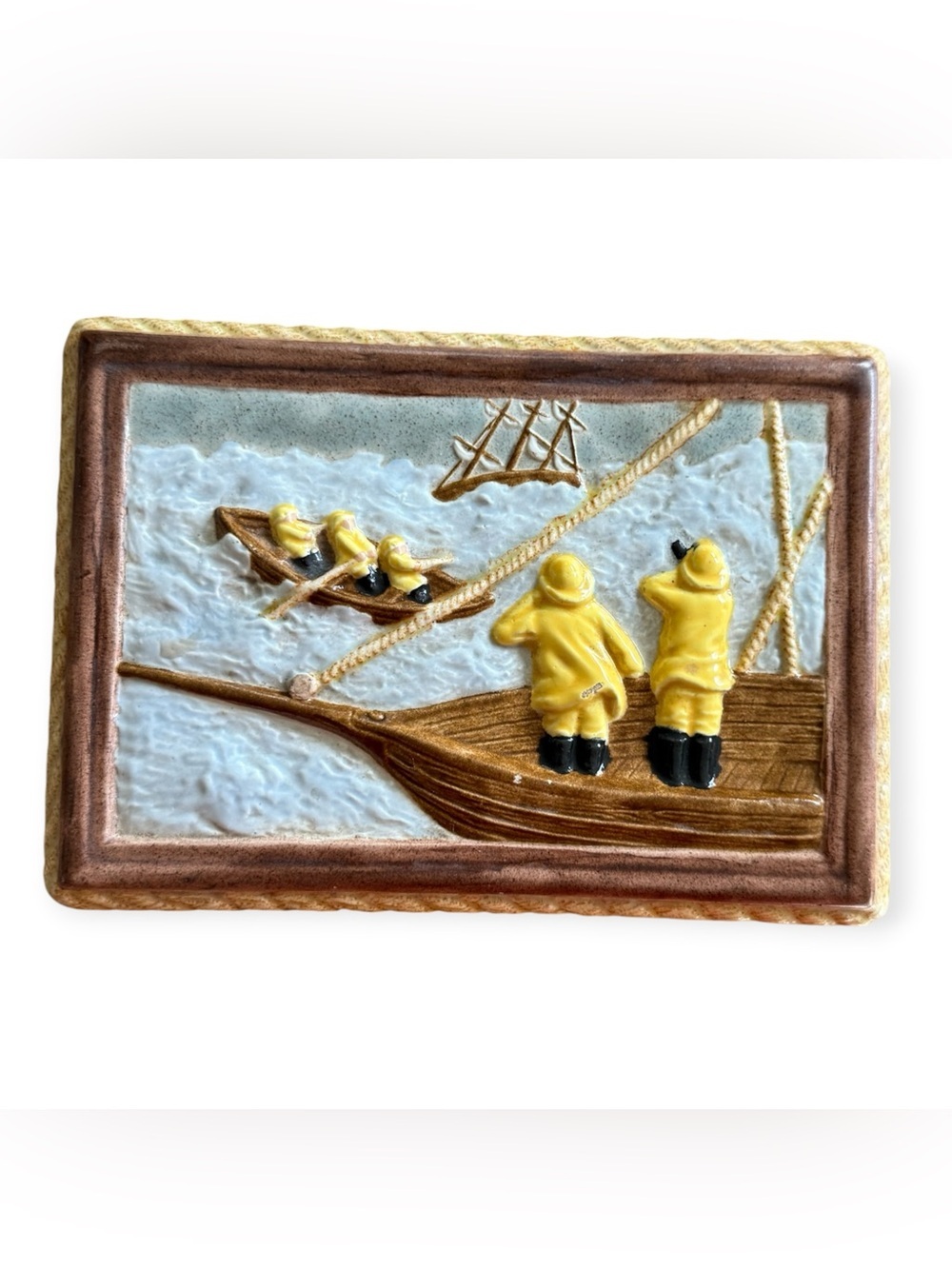 vintage 3D painted ceramic nautical Fishermen and boats trinket box